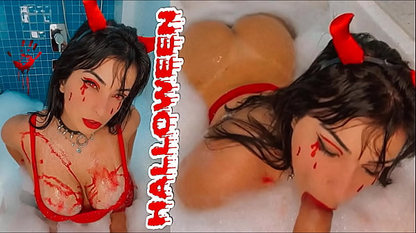 Little SEXY devil_cosplay_girl giving a blowjob toher huge toy inthe jacuzzi WETWET WET