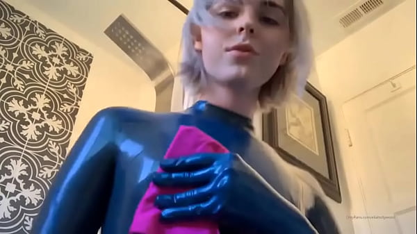 Blonde cosplay tgirl strokes her shecock