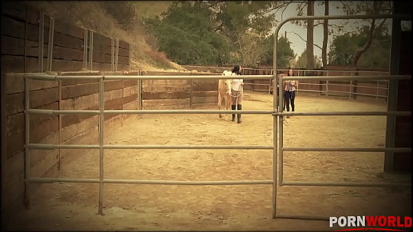 Busty barnyard two lesbian bombshells cram their twats 