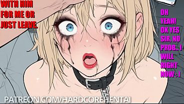 Leashed blonde slut sucks huge cock 