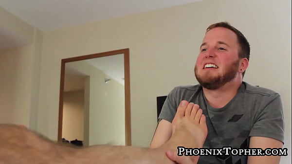 Hairy bear has feet play and receives blowjob from two homos