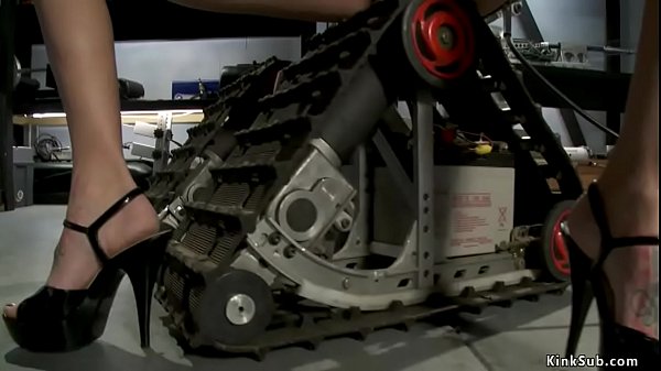 Slim busty brunette hottie Gia DiMarco strips and then gets spanked by spanking machine then fucks different machines in repair shop 