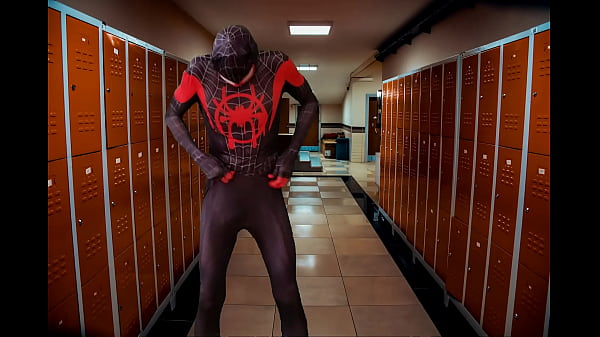 Spidy cosplay dressing up in locker room 