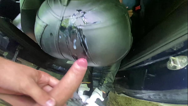 Walk in nature ends with huge cumshot on leather pants
