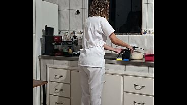 Banging the maid from behind in the kitchen
