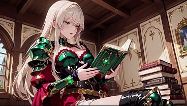 Ai Generated-forbidden Fantasy In Red & Green Armor! Blonde Knight Lounges Seductively While Her Silver-haired Partner Kneels To Serve. thumbnail