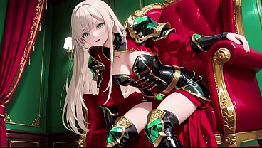 AI generated-Forbidden Fantasy in Red &amp_ Green Armor! Blonde Knight lounges seductively while her Silver-haired partner kneels to serve.