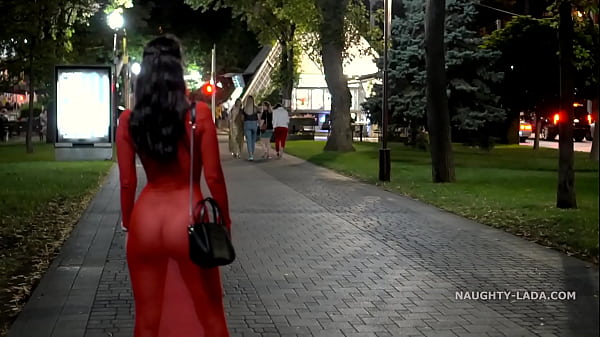 Red transparent dress_in public