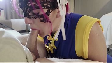Wife in Chun Li cosplay blowjob with cum swallow