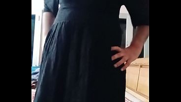 Indian Gay Crossdresser Gaurisissy showing and pressing her big boobs in black dress 