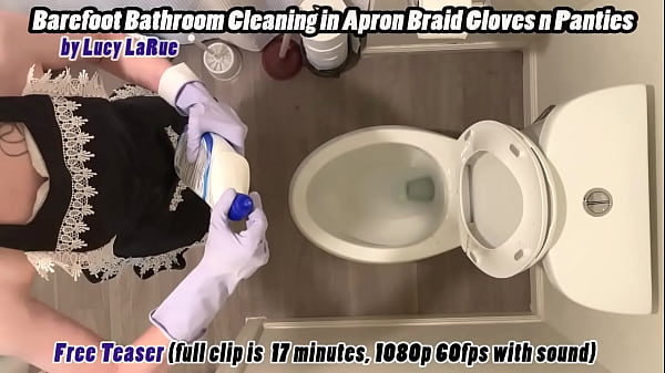 Barefoot bathroom cleaning in apron braid gloves n panties