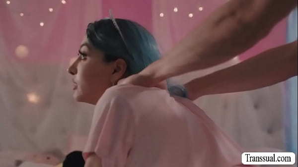 TS Korra Del Rio is on the bed toying her asshole using big dildo.After that,she lets her stepbro bareback her wet ass so hard. 