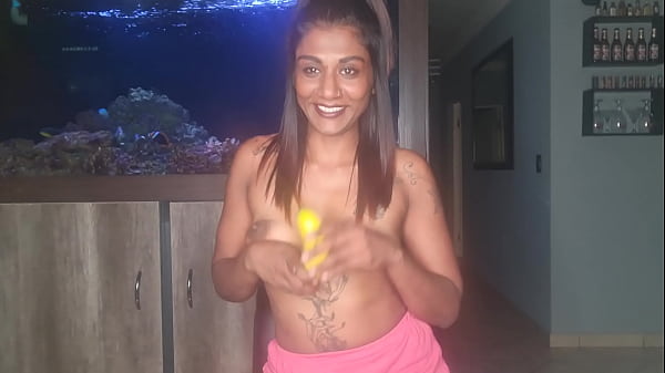 My slutty indian self sitting half naked squeezing my boobs as i constantly suck and gag on a banana