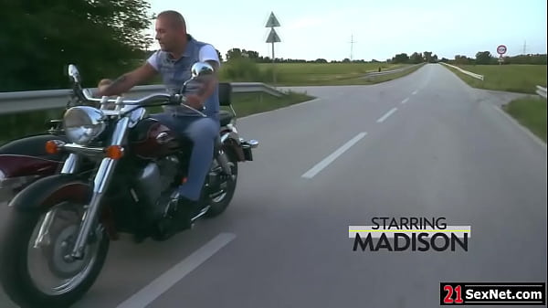 Madison McQueen is teasing her guy after riding on his bike.She strips naked and starts kissing him.The guy removes her panties and fucks her hard. 