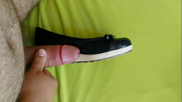 Blue Wedge Flat shoe being played with and cummed on bed 