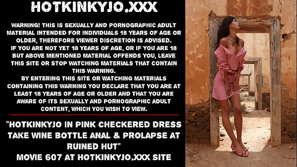 Hotkinkyjo in pink checkered dress take_bottle anal prolapse at_ruined hut